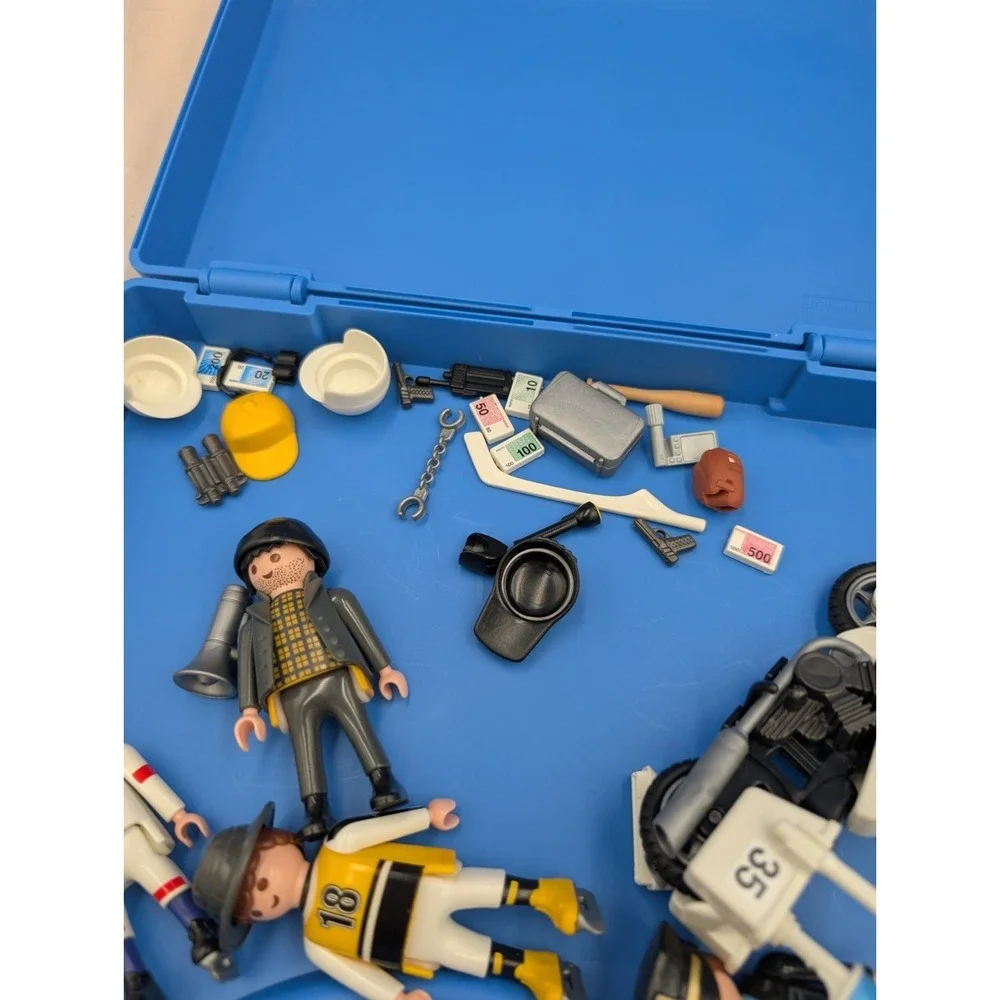 Playmobil Carrying Case W Figures Accessories Police Motorcycle Hockey Players